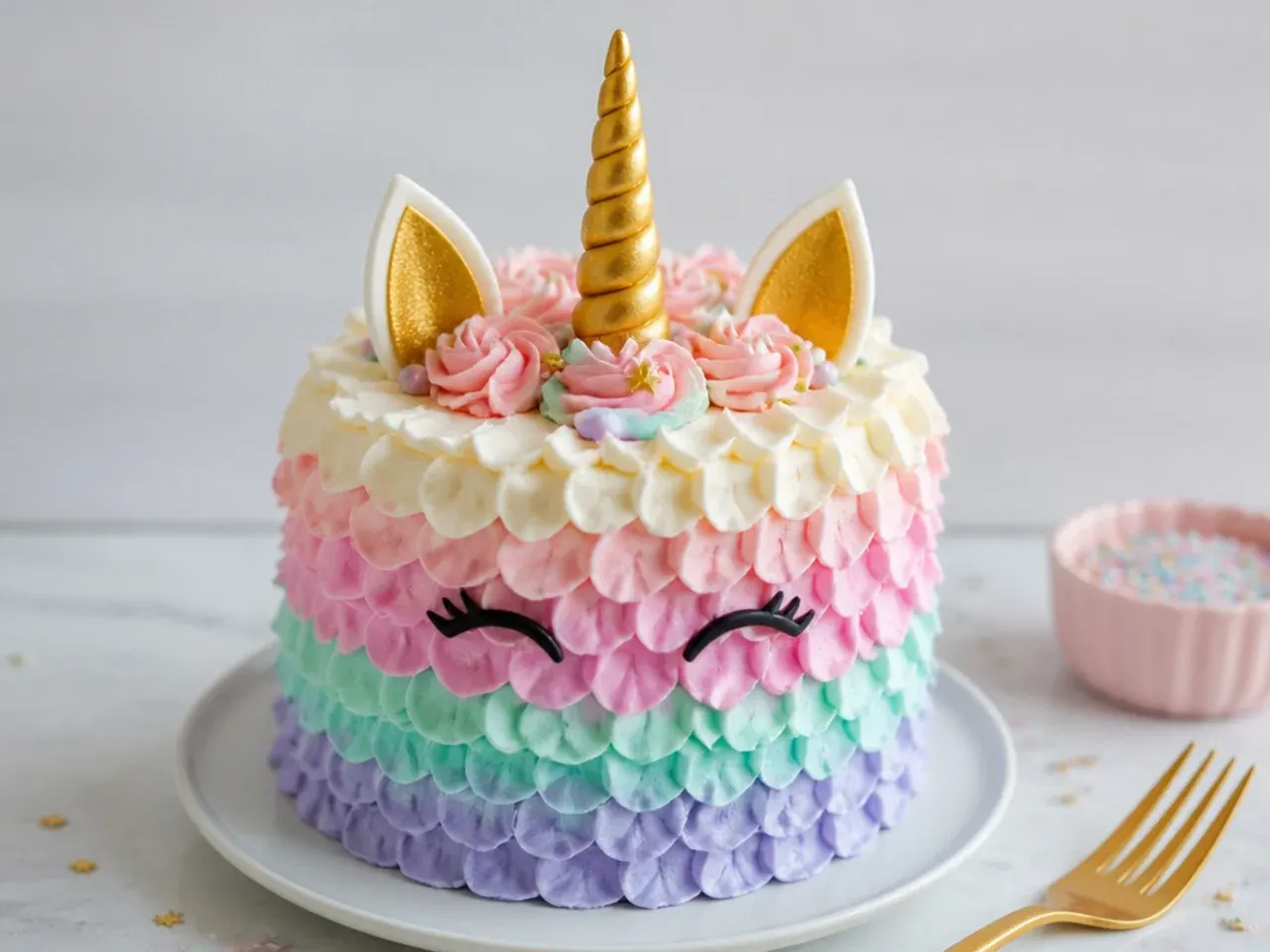 Pastel ombre ruffle mini unicorn cake piped with a petal tip