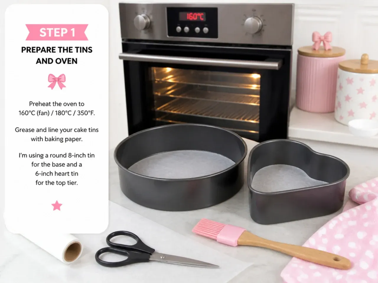 minnie mouse birthday cake — step 1: prepare the tins and oven
