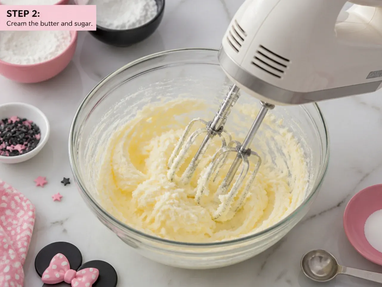minnie mouse birthday cake — step 2: cream the butter and sugar