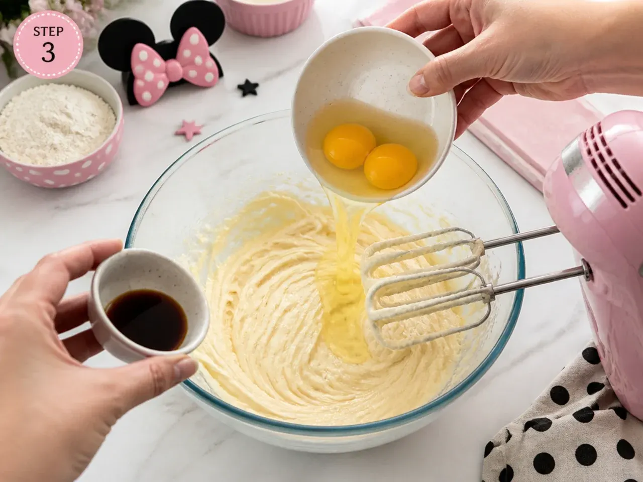 minnie mouse birthday cake — step 3: add the eggs and vanilla