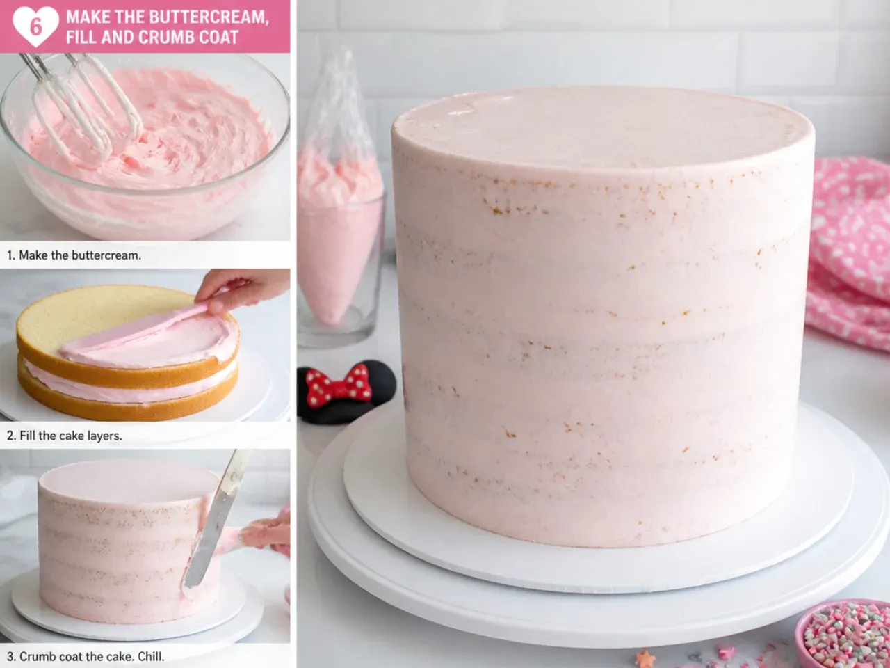 minnie mouse birthday cake — step 6: make the buttercream, fill and crumb coat