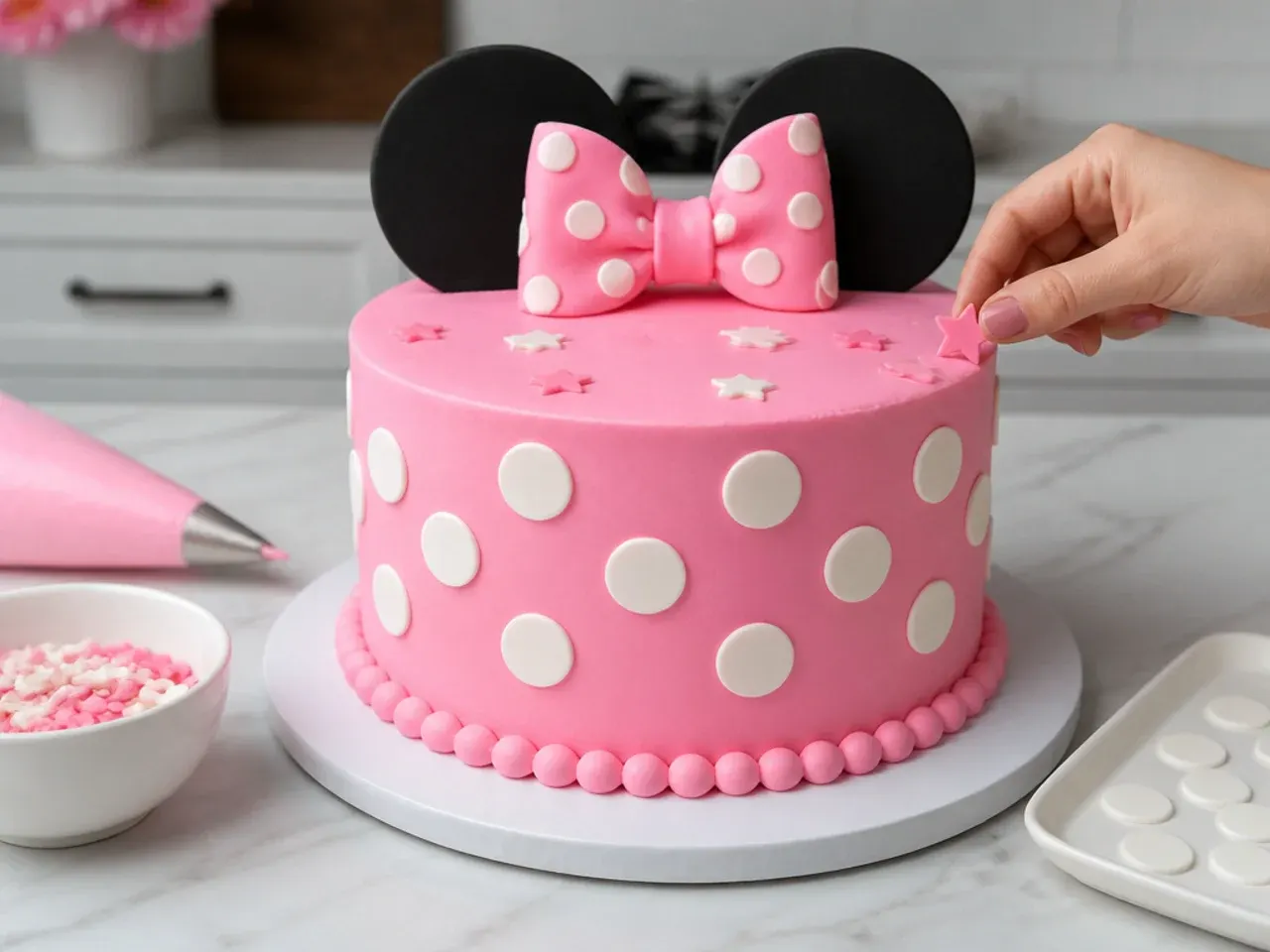 minnie mouse birthday cake — step 7: decorate minnie-style