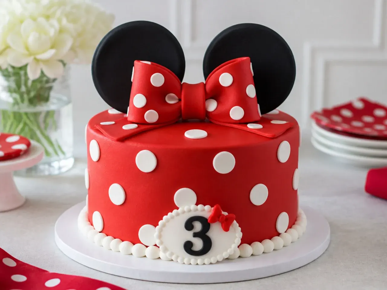 Classic red and white polka dot Minnie Mouse birthday cake with black fondant ears and bow