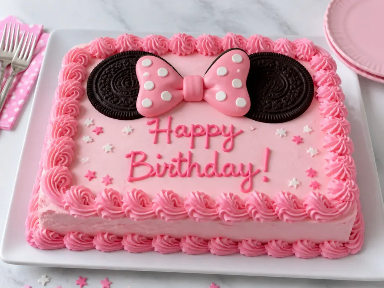 Easy Minnie Mouse birthday cake sheet cake with Oreo cookie ears and pink frosting