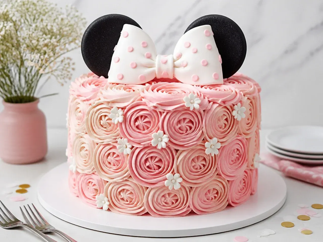 Elegant blush pink rosette Minnie Mouse cake with white fondant bow topper