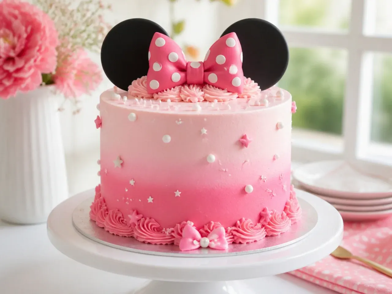 Modern ombre pink Minnie Mouse cake with black ears topper