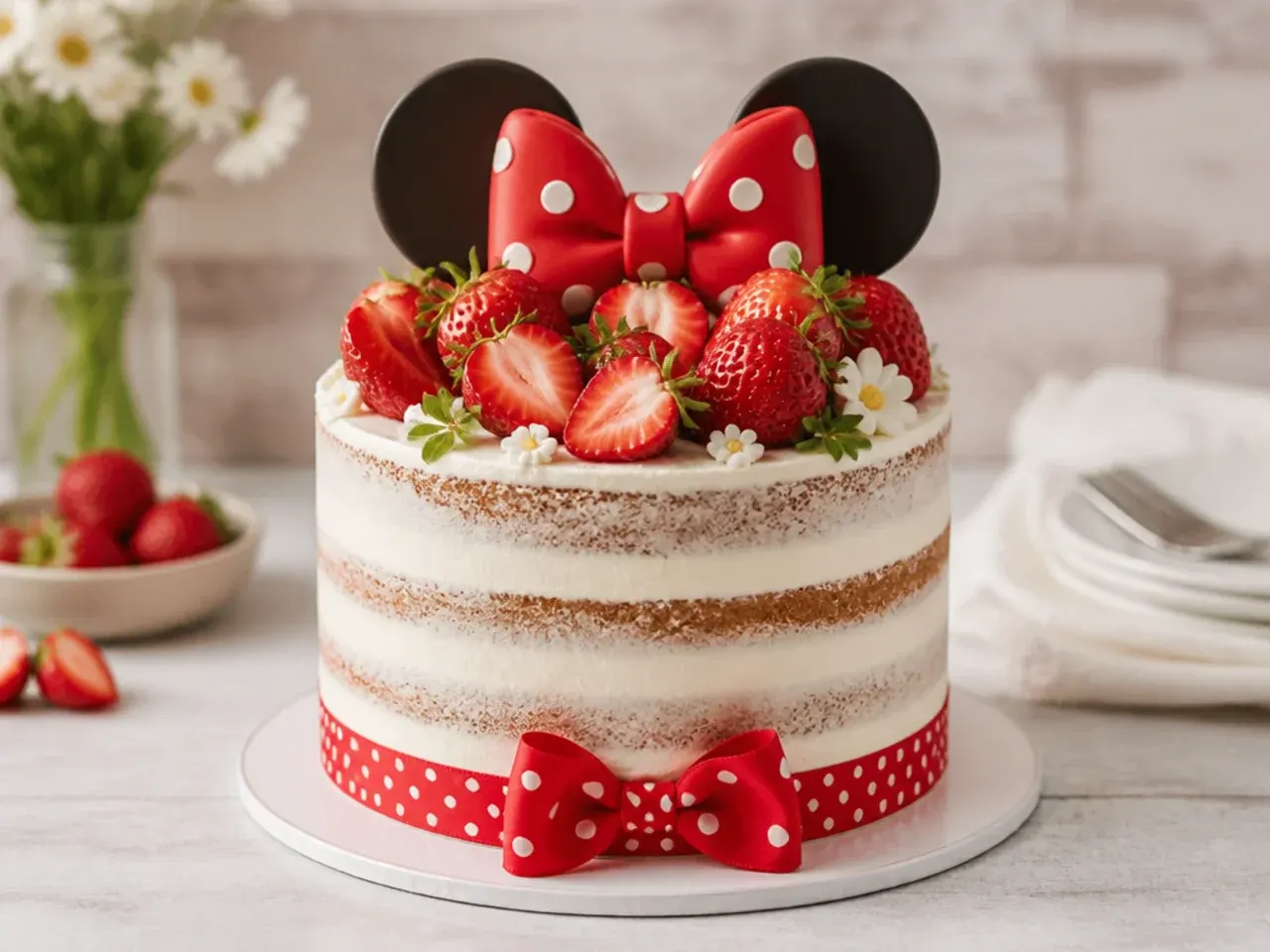 Rustic semi-naked Minnie Mouse birthday cake with strawberries and red polka dot ribbon