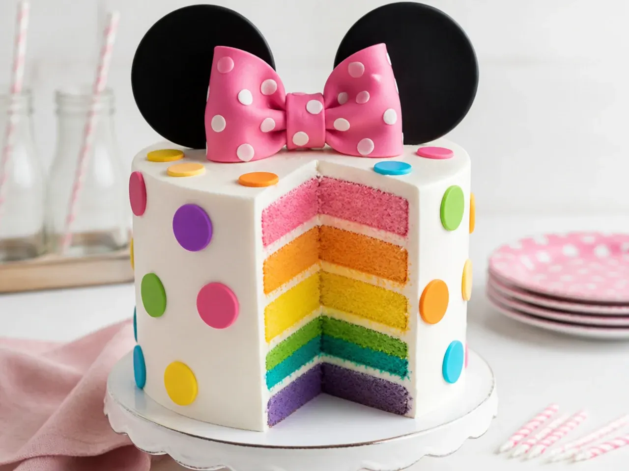 Colorful rainbow layer Minnie Mouse cake with multicolored polka dots