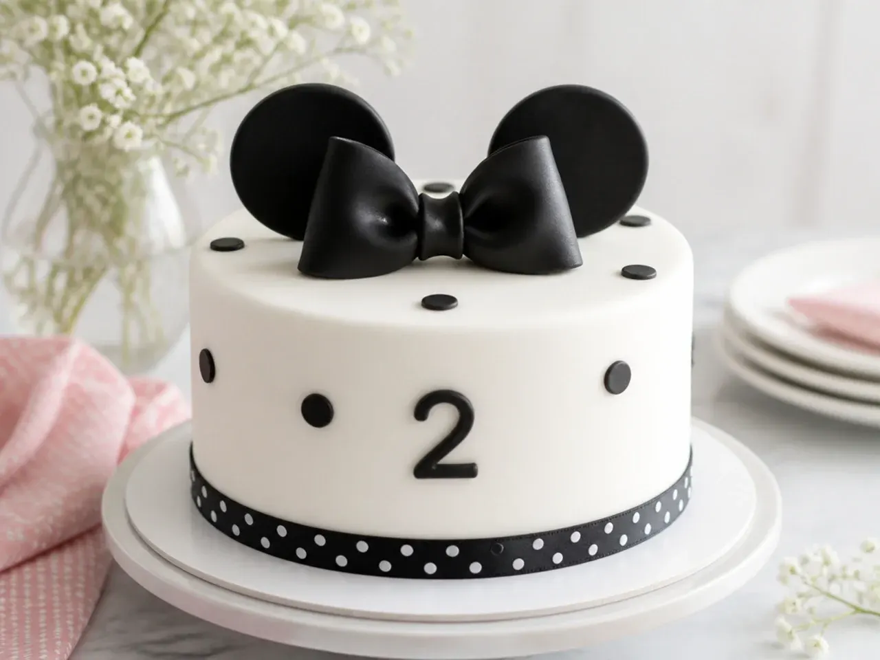 Minimal white Minnie Mouse birthday cake with single black fondant bow