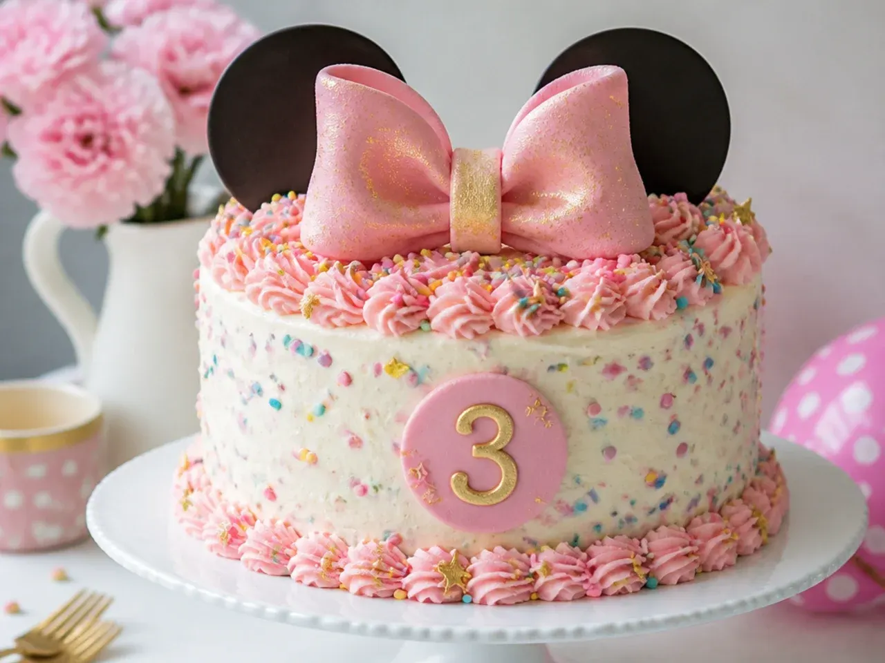 Festive funfetti Minnie Mouse cake with sprinkles and gold-dusted bow
