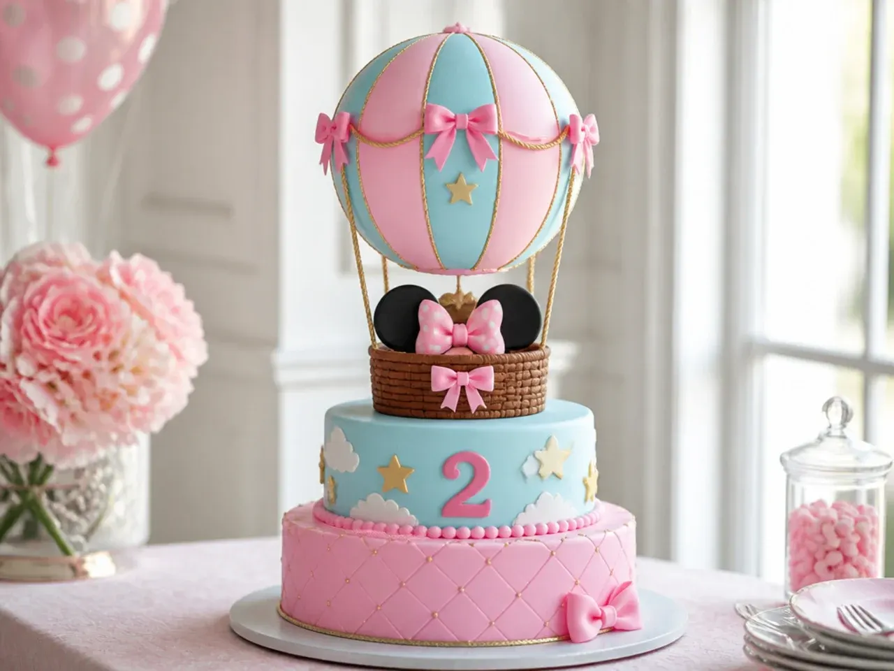 Whimsical hot air balloon Minnie Mouse birthday cake in pastel pink and blue