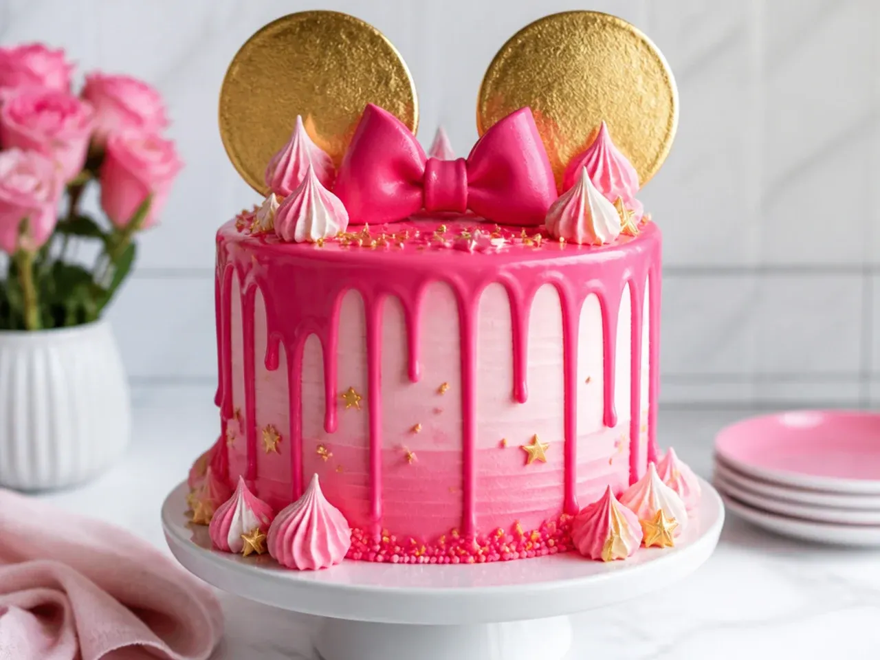 Bold hot pink drip Minnie Mouse cake with gold fondant ears and meringue kisses