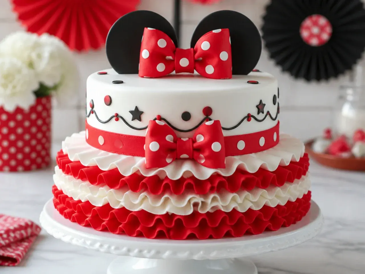 Delicate ruffle petticoat Minnie Mouse birthday cake with red and white piping