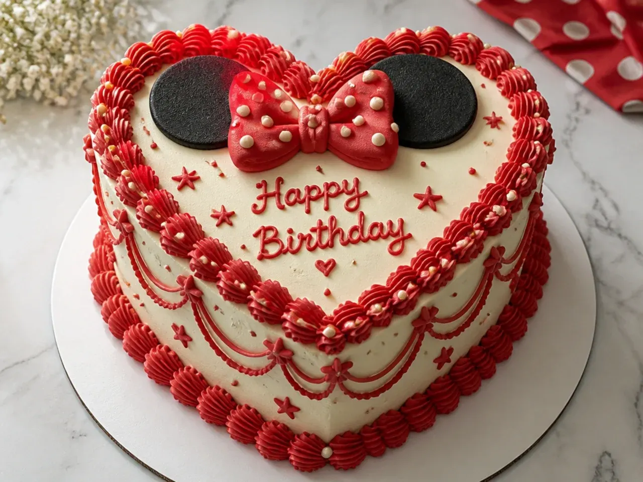 Vintage heart-shaped Minnie Mouse cake with retro red Lambeth piping