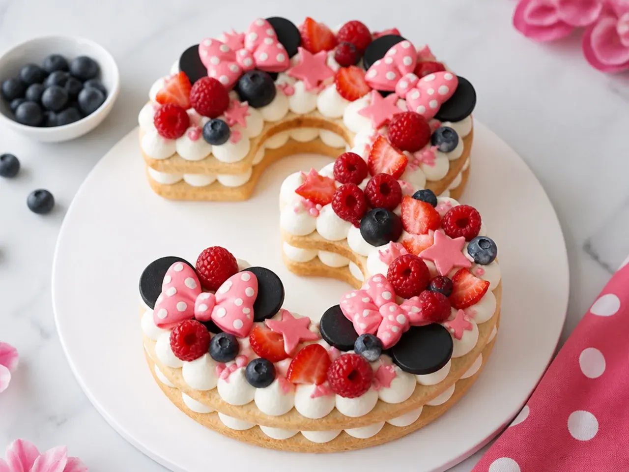 Creative number-shaped Minnie Mouse birthday cake cream tart with bows and berries