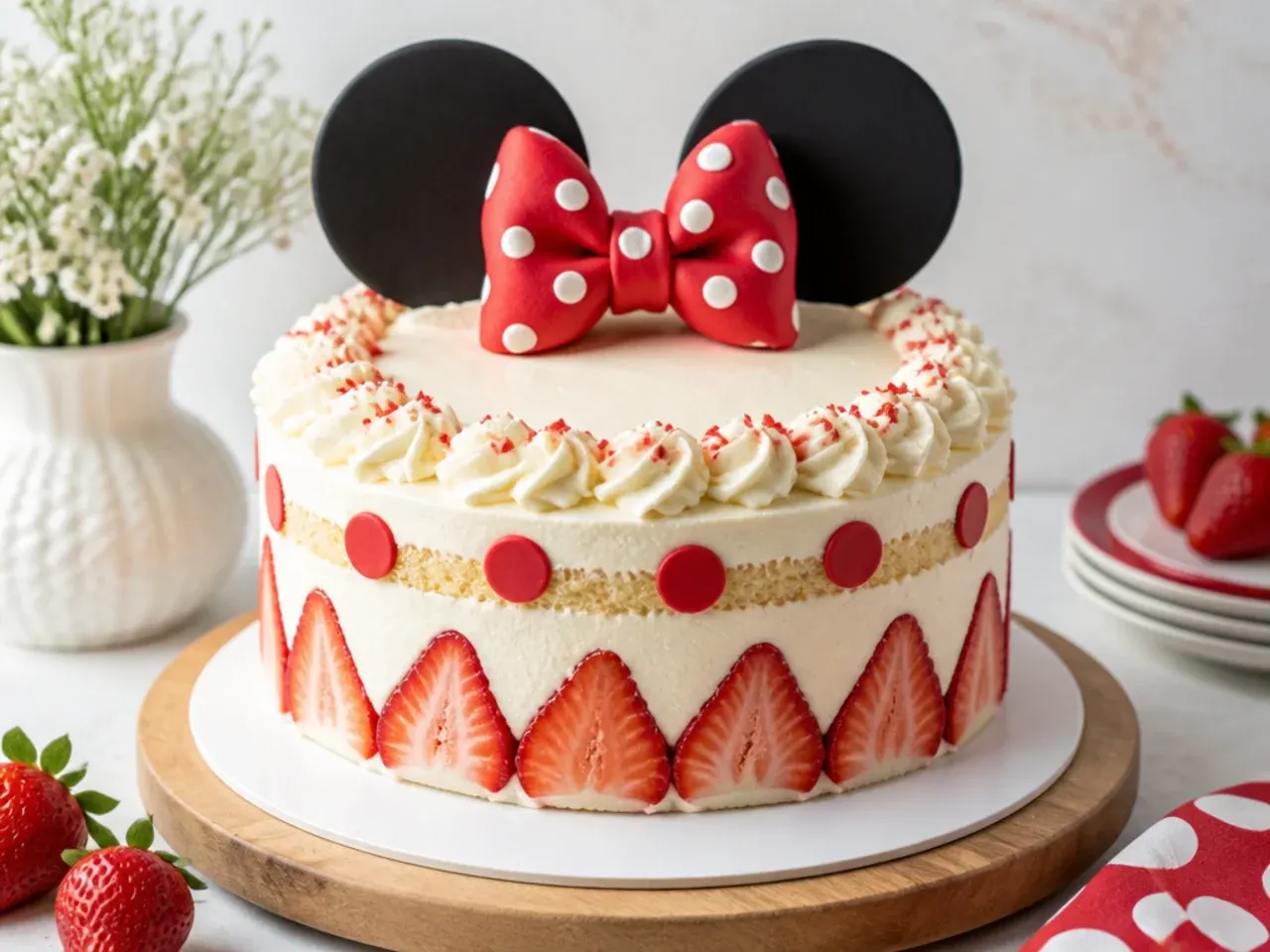 Charming strawberry shortcake style Minnie Mouse cake with fresh strawberry polka dots