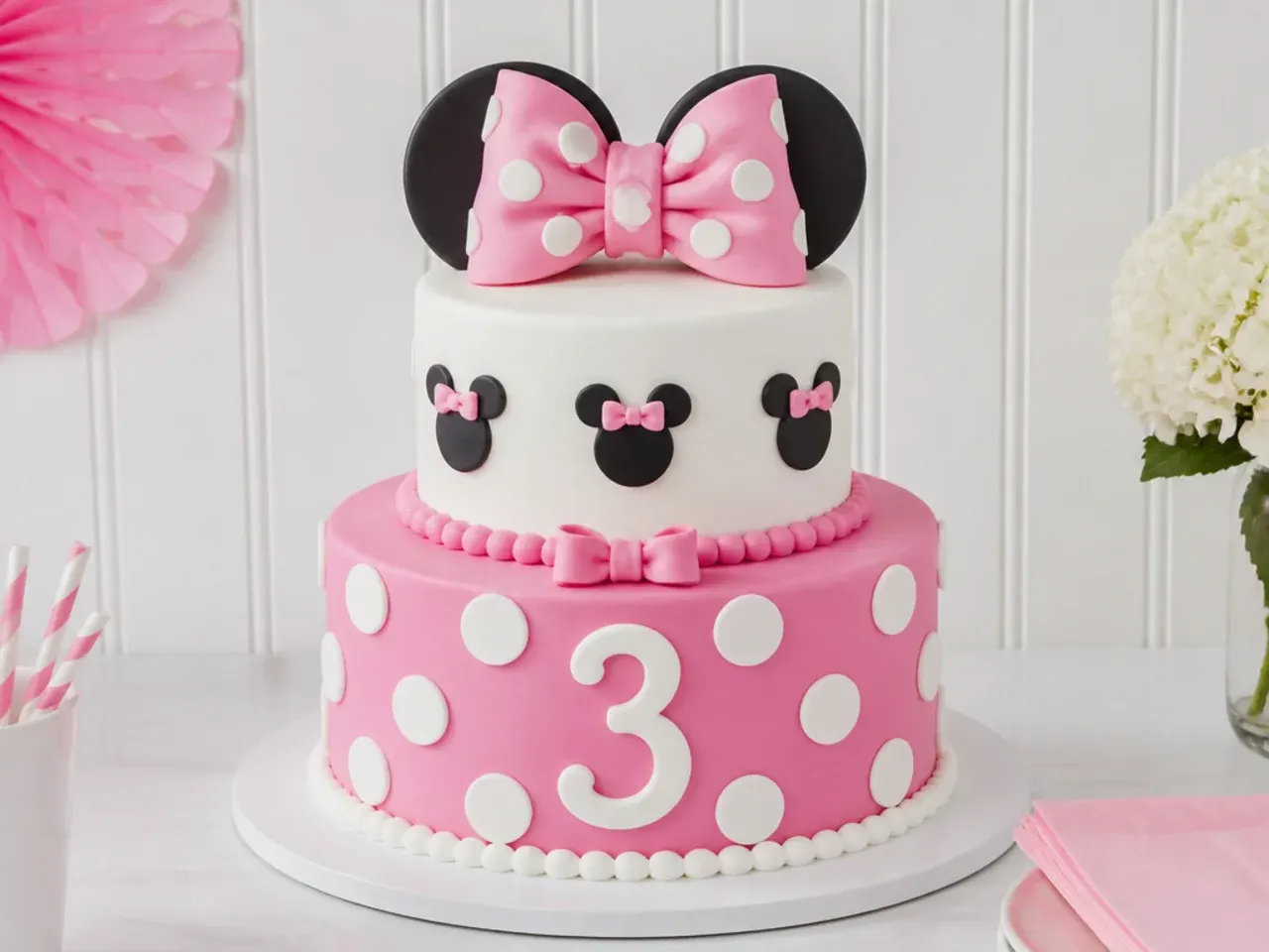 Two-tier fondant Minnie Mouse birthday cake with polka dots and large bow topper
