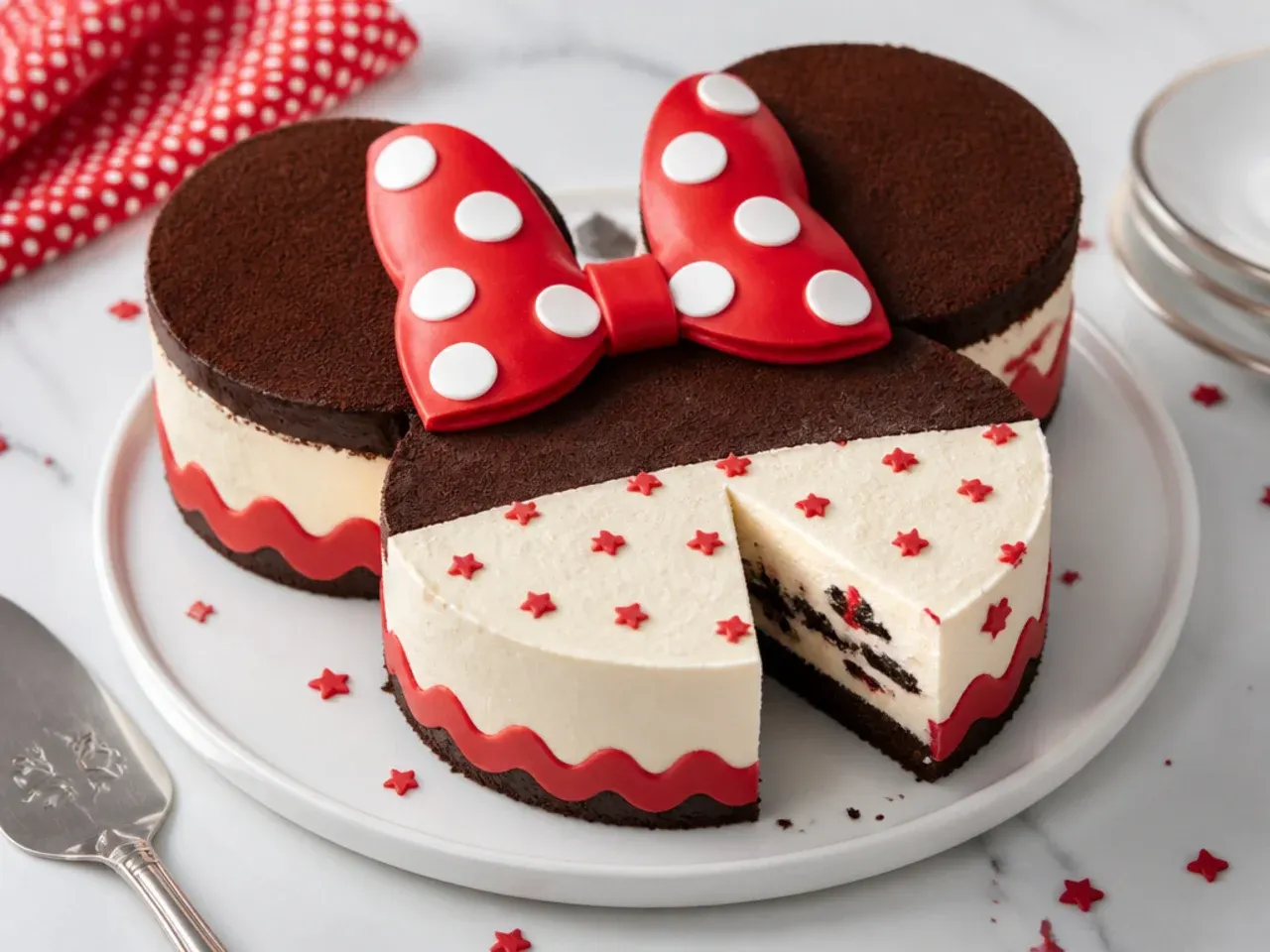 Easy no-bake ice cream Minnie Mouse cake shaped with ears circles
