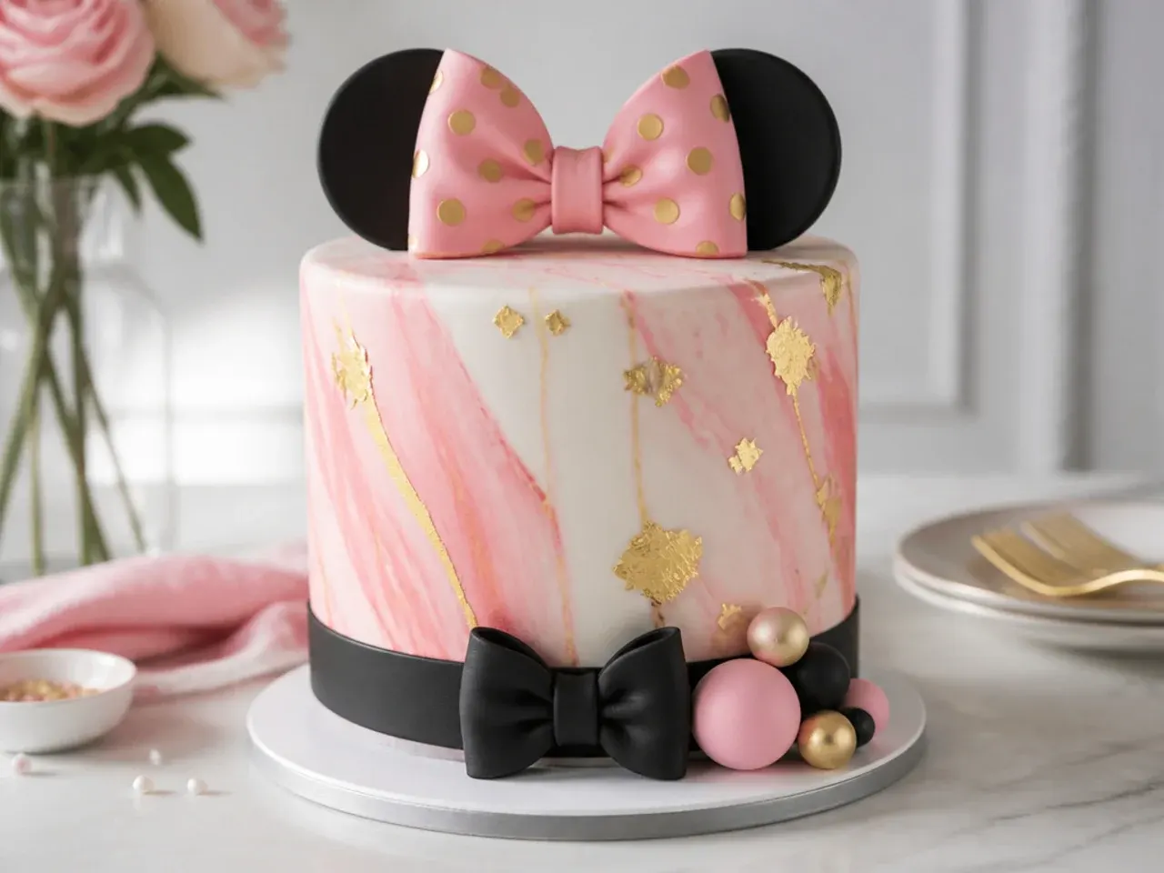 Elegant marbled fondant Minnie Mouse cake with gold leaf and black ribbon