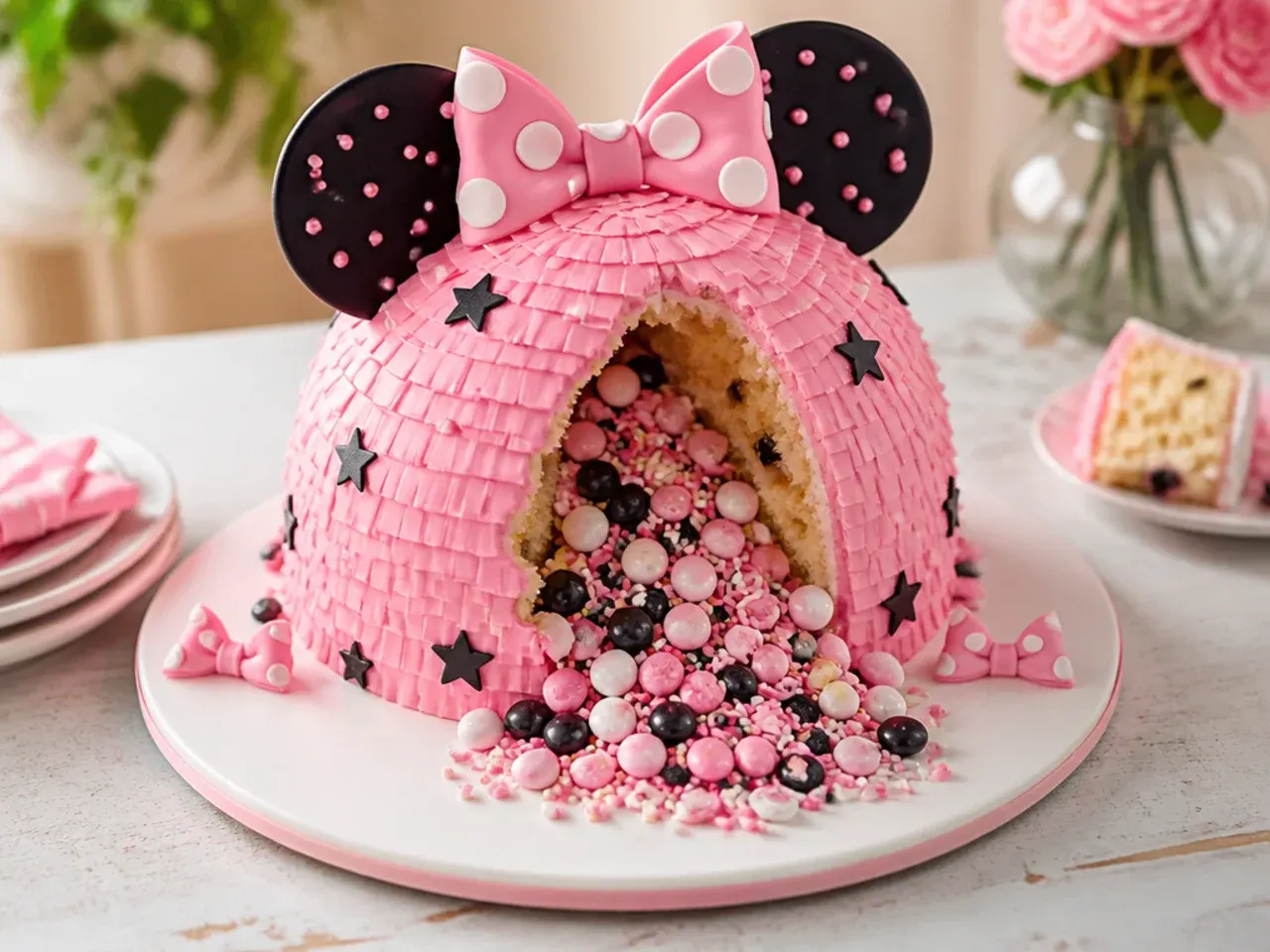 Playful pinata Minnie Mouse birthday cake with hidden candy centre spilling out
