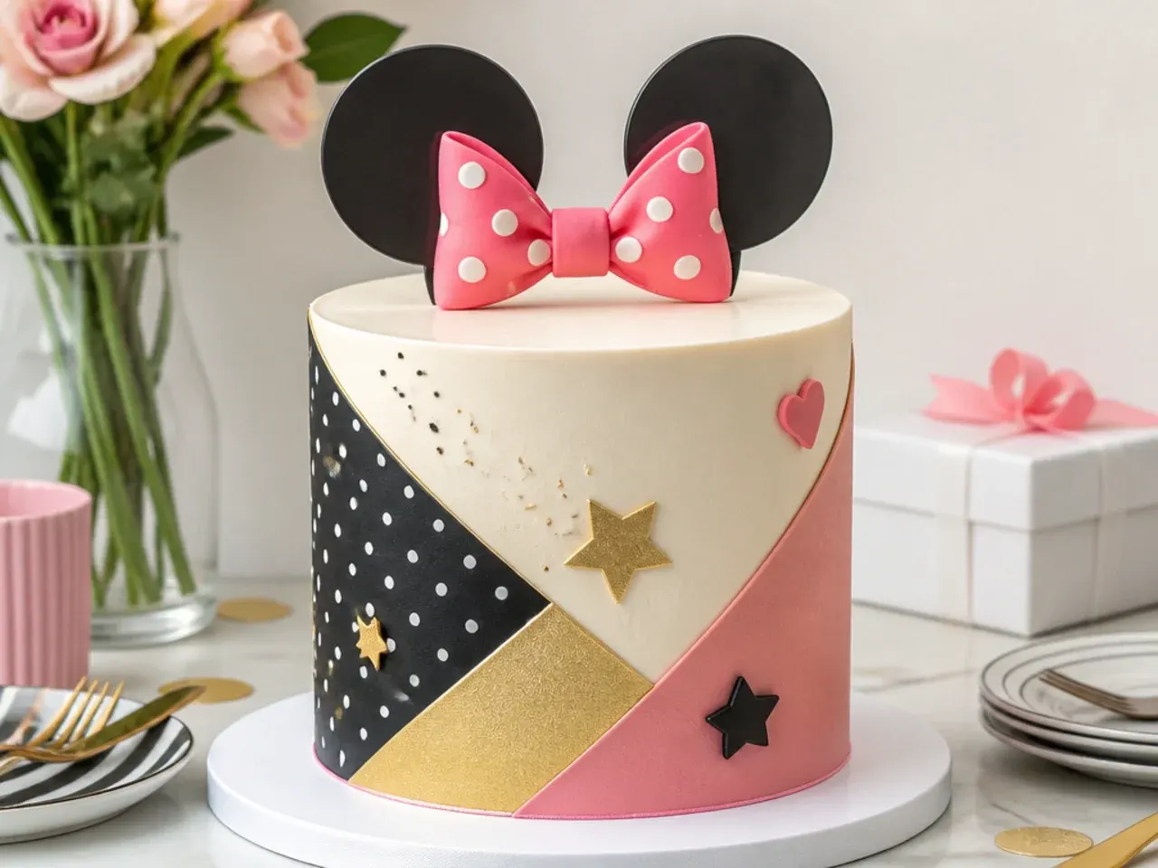 Modern geometric colour-block Minnie Mouse cake with acrylic ears topper