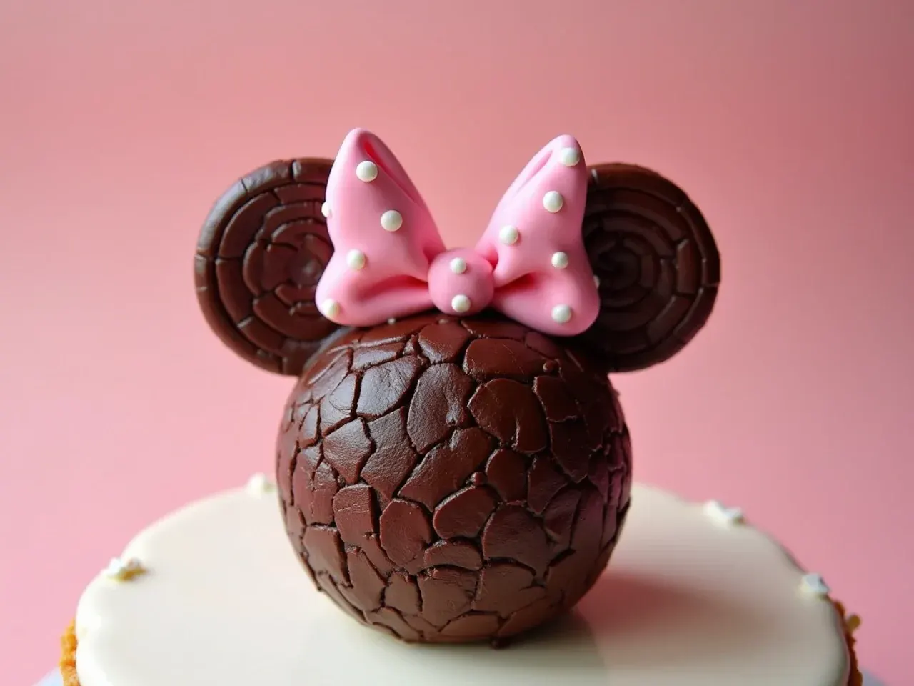 Chocolate frosted Minnie Mouse birthday cake silhouette with pink polka dot bow
