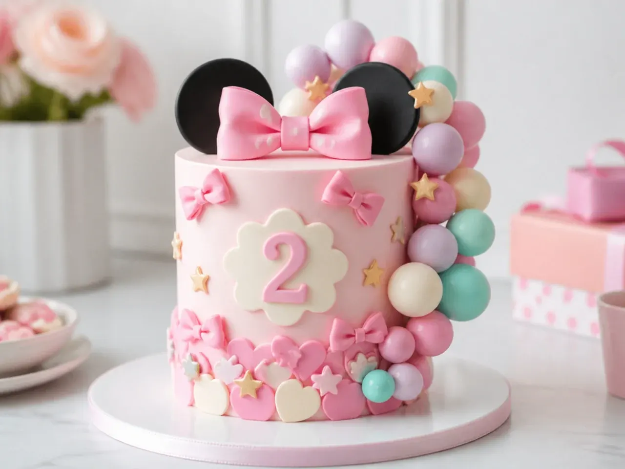 Colorful pastel balloon garland Minnie Mouse cake with fondant bows