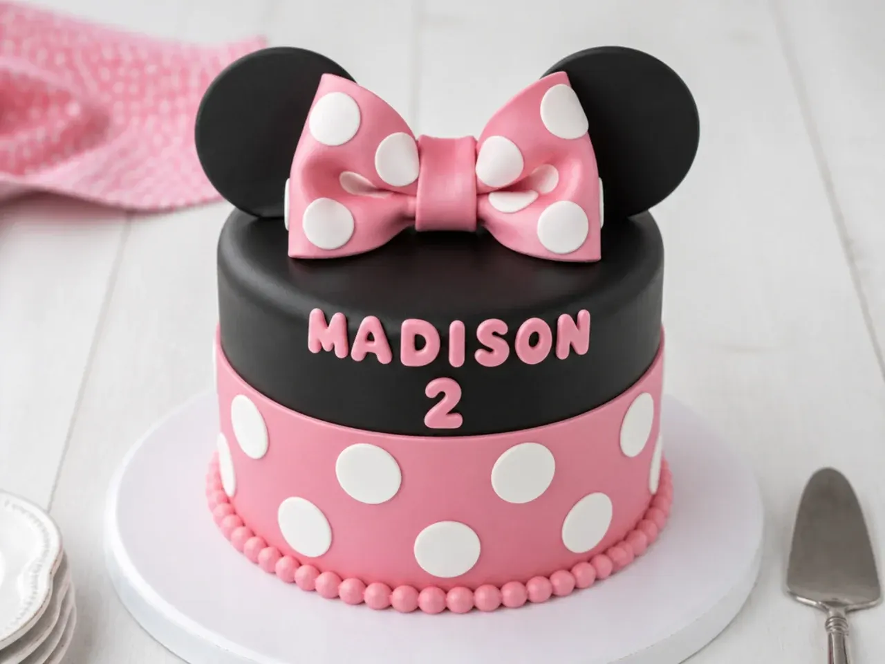 Minimal bento style Minnie Mouse birthday cake with piped bow and dots