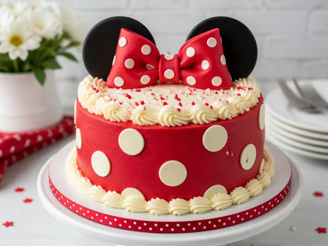 Festive red velvet Minnie Mouse cake with cream cheese frosting and white chocolate polka dots