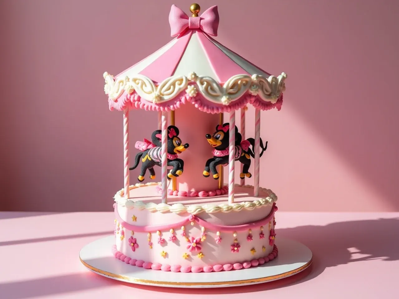 Whimsical carousel Minnie Mouse birthday cake with straws canopy and piped swags