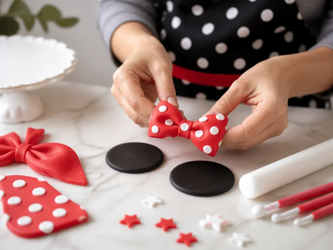 Baker preparing fondant bow and ears decorations for a Minnie Mouse birthday cake