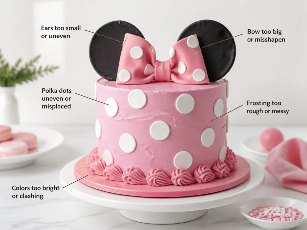 Common Minnie Mouse cake decorating mistakes shown with fondant ears and buttercream