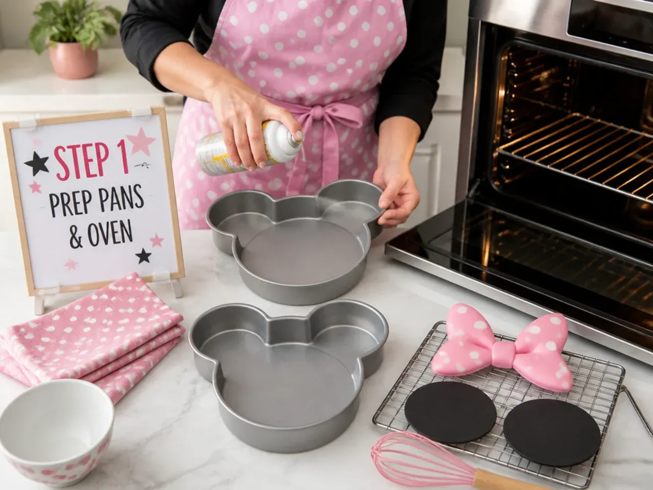 minnie mouse cake designs — step 1: prep pans and oven