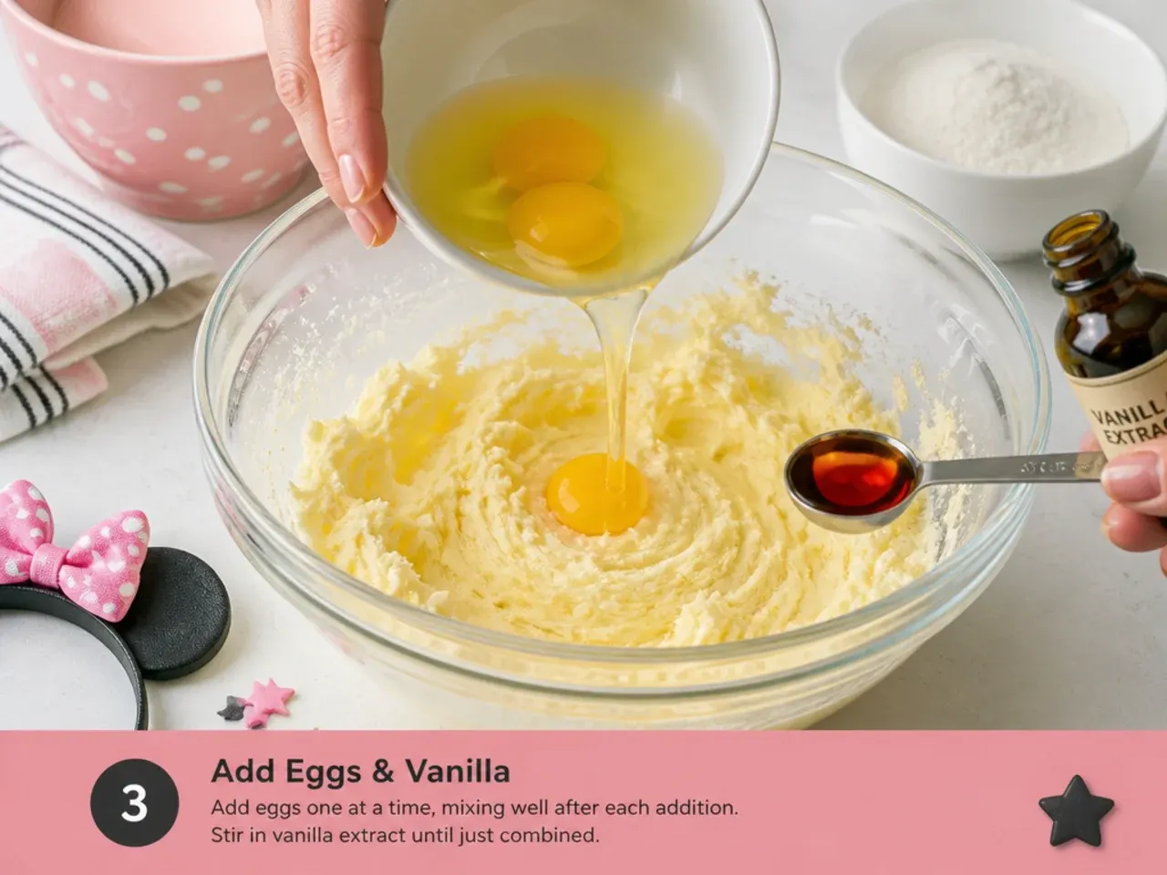 minnie mouse cake designs — step 3: add eggs and vanilla