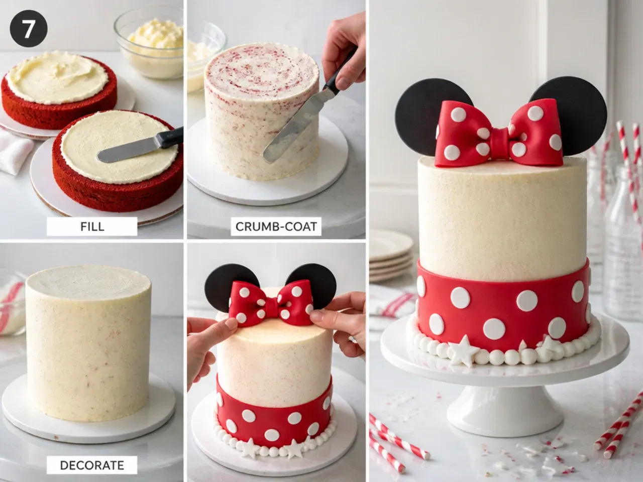 minnie mouse cake designs — step 7: fill, crumb-coat and decorate