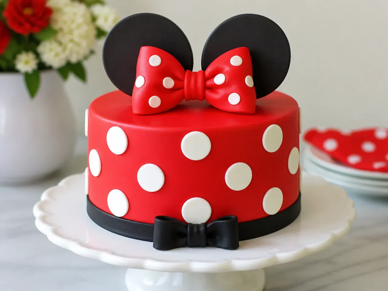 Classic red white and black polka dot Minnie Mouse cake design with fondant bow