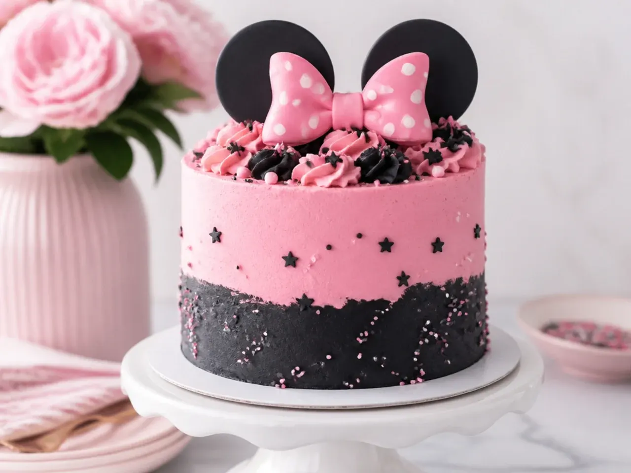 Pink and black two-tone buttercream Minnie Mouse inspired cake