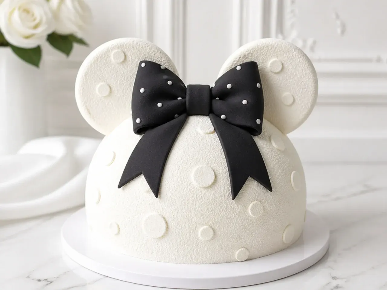 Elegant white-on-white textured Minnie Mouse cake design with black bow
