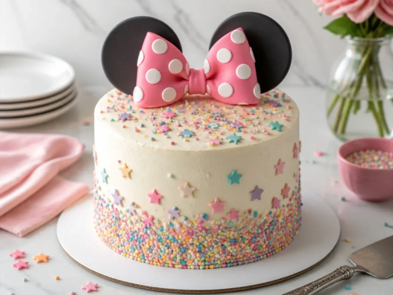 Playful rainbow sprinkle confetti Minnie Mouse cake idea with bow topper