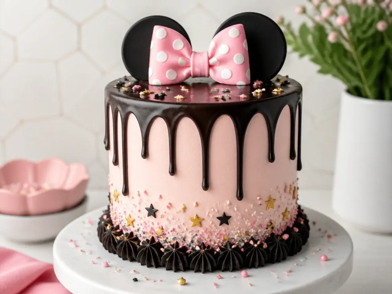 Modern black chocolate drip on blush buttercream Minnie Mouse cake design
