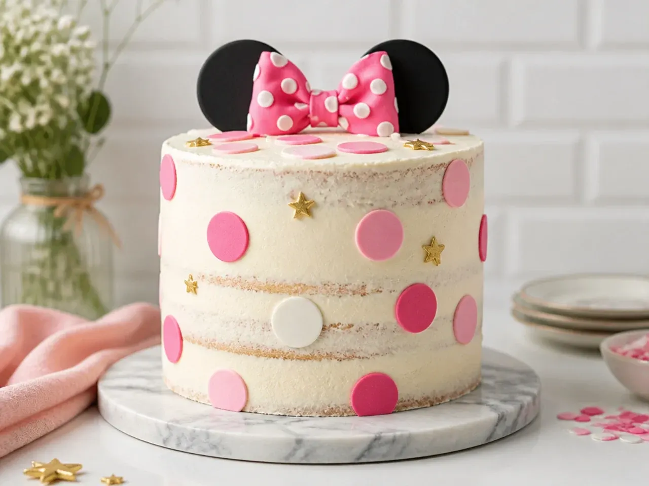 Rustic semi-naked Minnie Mouse polka dot cake design with buttercream scrape