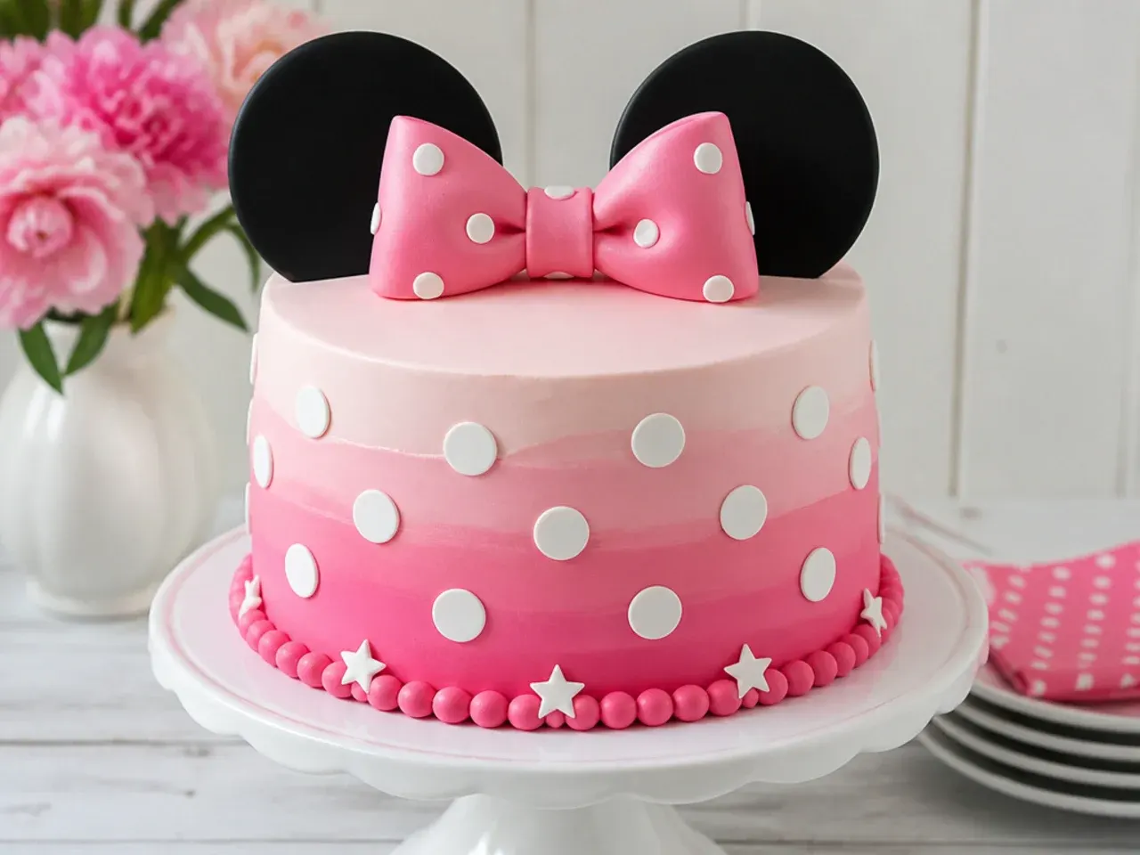 Colorful pink ombre polka dot Minnie Mouse cake idea