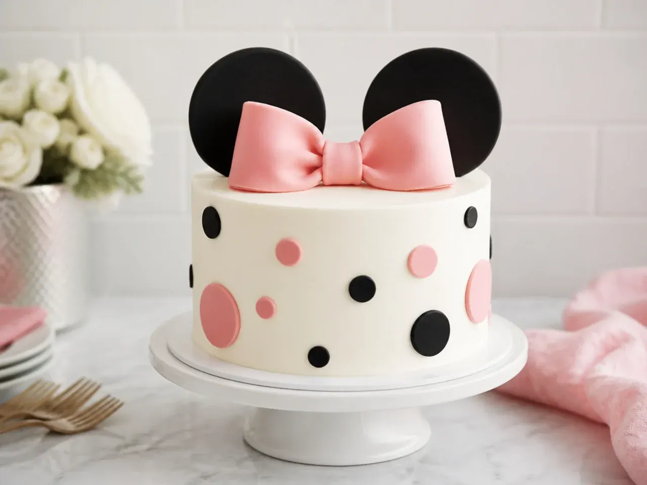 Minimal single bow statement Minnie Mouse cake design in white buttercream