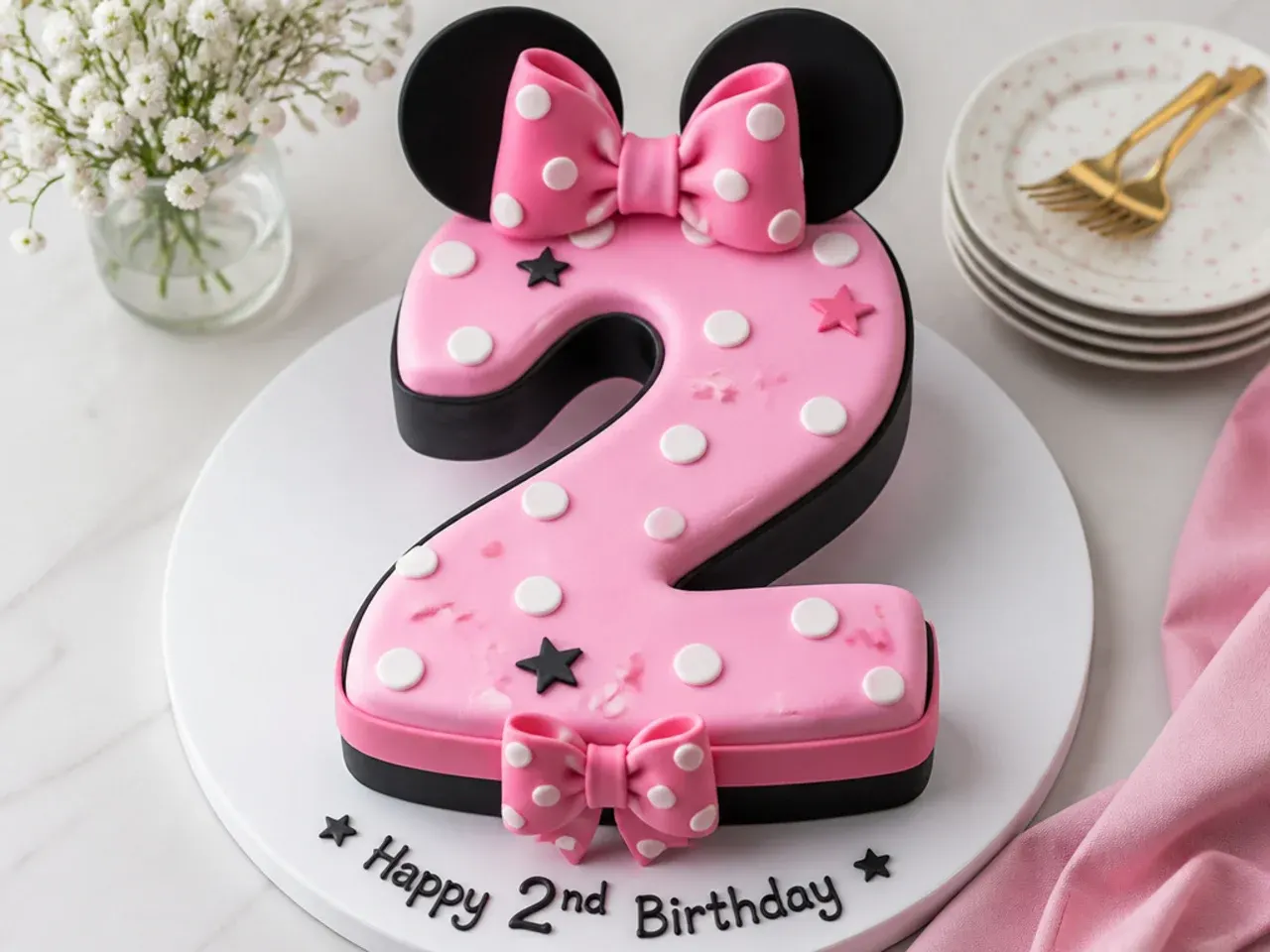 Festive number-shaped Minnie Mouse cake design for a milestone birthday