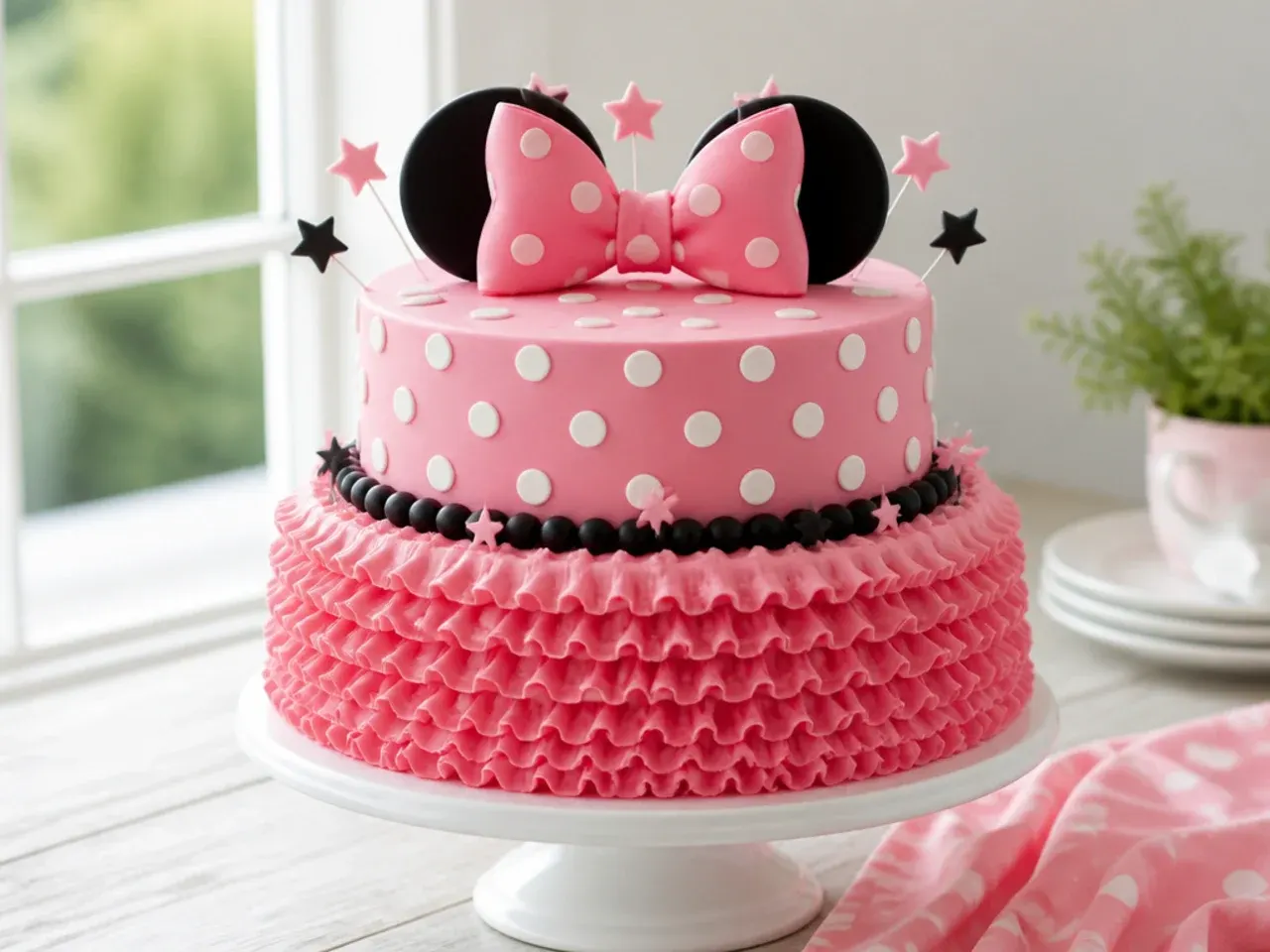 Whimsical piped ruffle skirt Minnie Mouse cake design with polka dot top