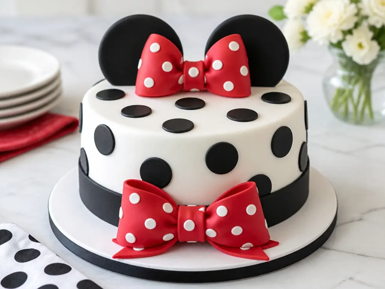 Bold oversized black and white polka dot Minnie Mouse cake design