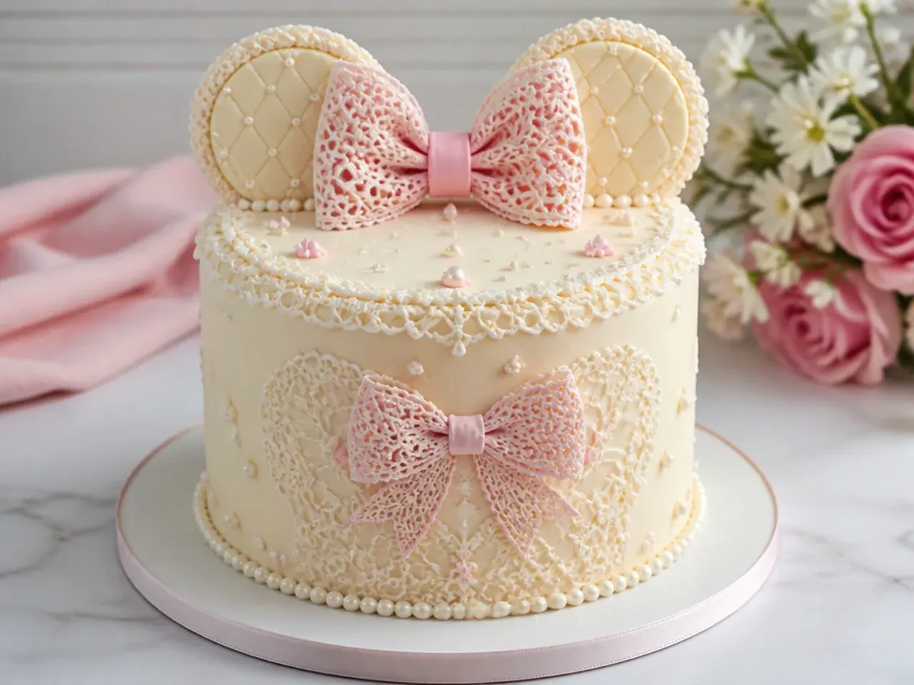 Delicate piped lace and pearl Minnie Mouse cake design in pale buttercream