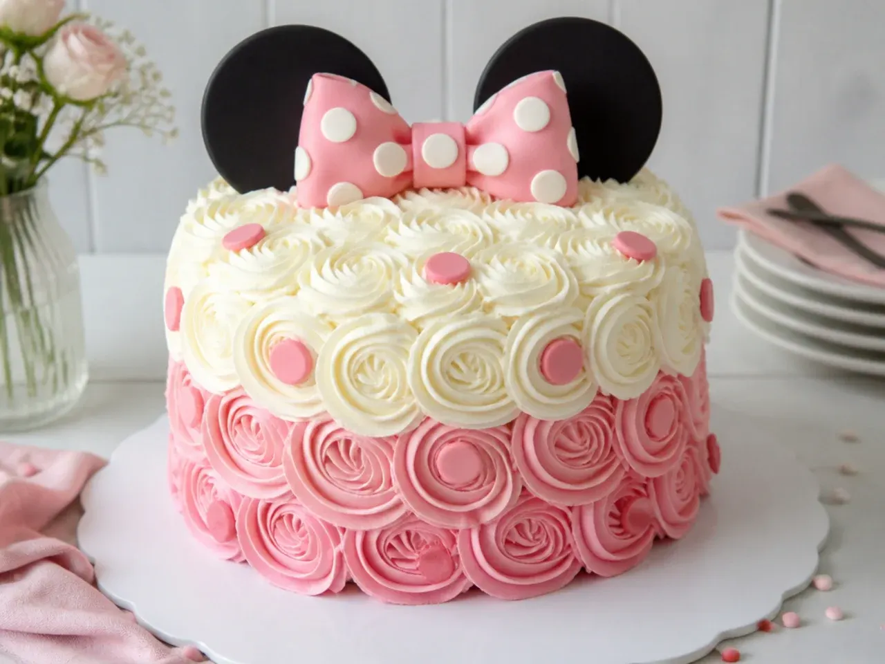 Vintage buttercream rosette Minnie Mouse cake design with polka dot accents