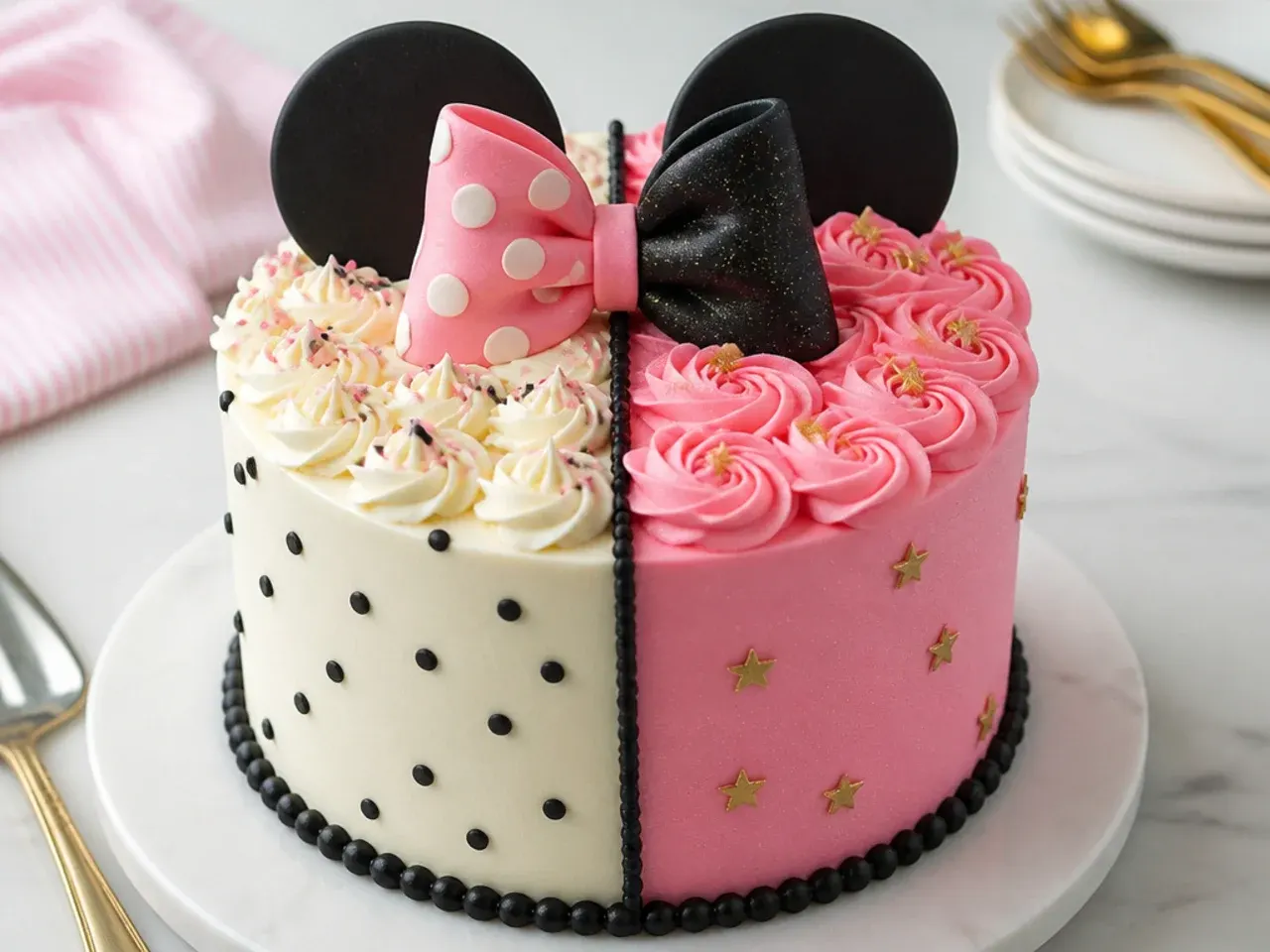 Creative half-and-half split Minnie Mouse cake design with two styles