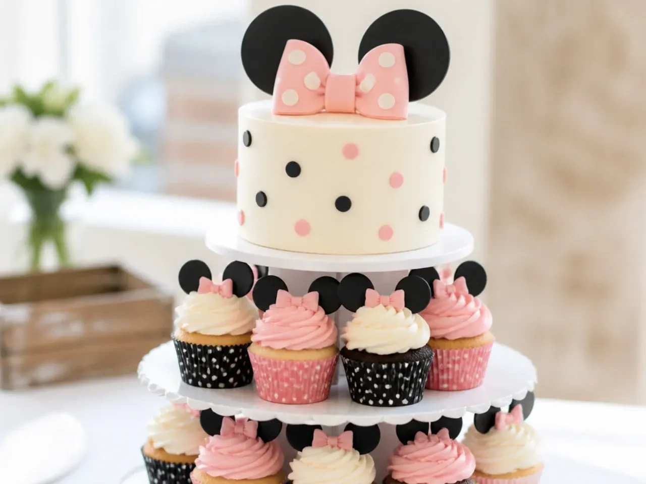 Charming mini smash cake and polka dot cupcake tower Minnie Mouse design